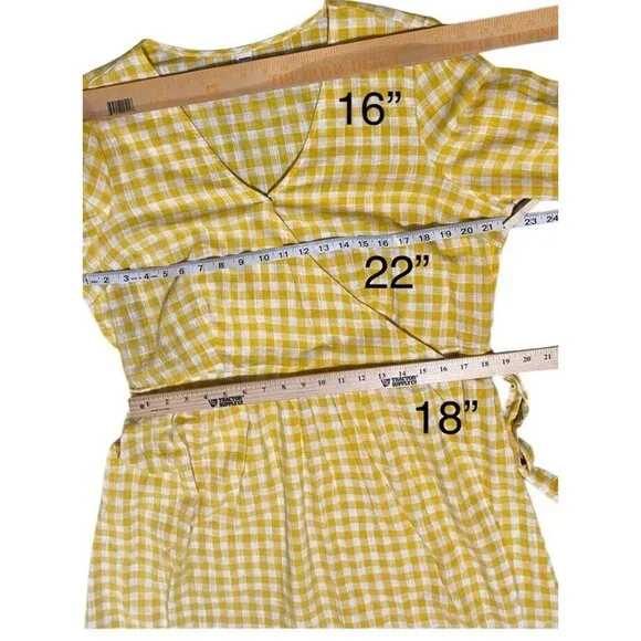 Old Navy Wrap Dress Womens XL Knee Long Sleeve Yellow Gingham Check Cotton - Picture 8 of 16